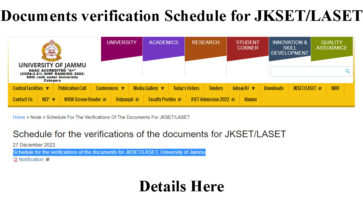 Documents verification Schedule for JKSET/LASET