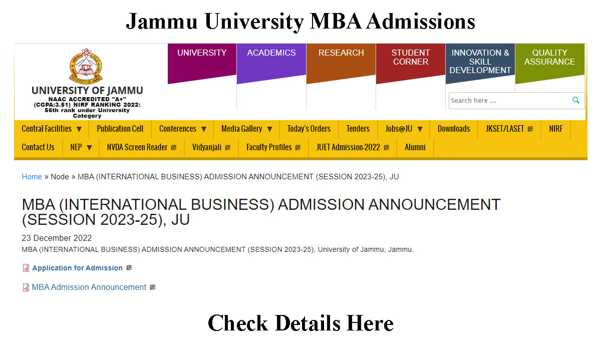 Jammu University invites applications for MBA Admissions