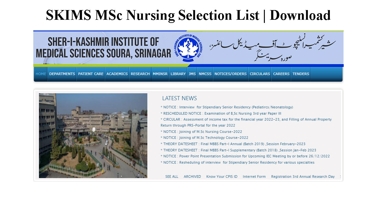SKIMS M.Sc. Nursing -2022 Selection list, Download Here