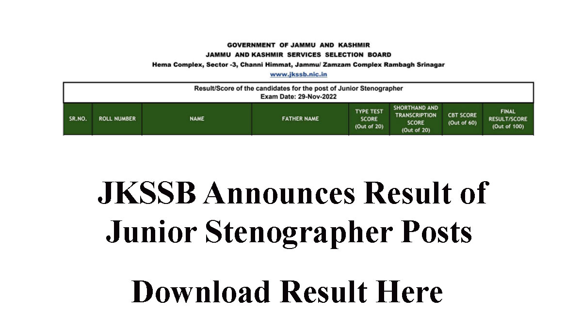 JKSSB Result of Junior Stenographer Posts