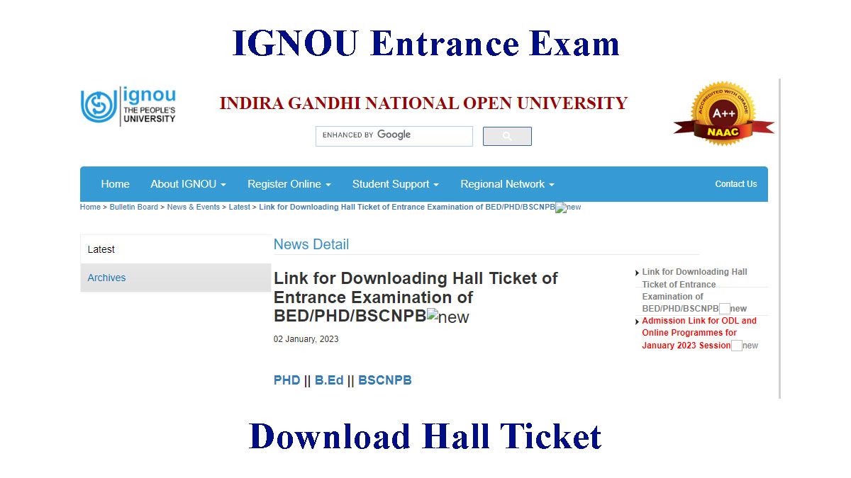 IGNOU entrance exam Hall Ticket 2023