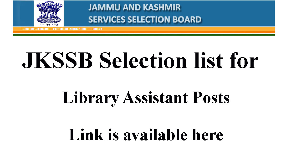 JKSSB Selection list for Library Assistant Posts