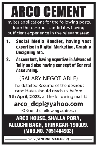 ARCO Cements Srinagar Jobs Recruitment: Apply Now for Various Positions