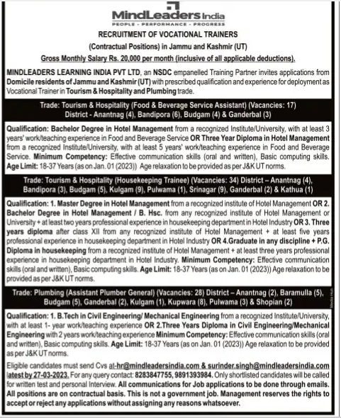 Recruitment of Vocational Trainers in J-K by Mindleaders India: 79 Posts
