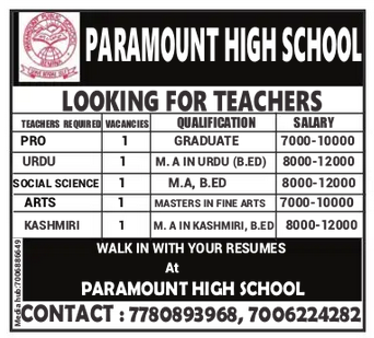 Exciting Teacher Job Opportunities at Paramount High School, Srinagar - Salary up to 12,000/-