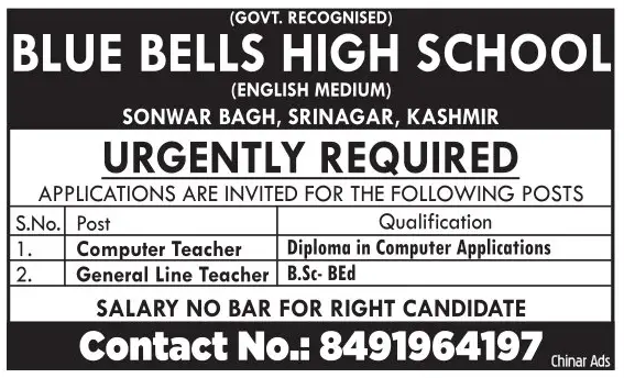 Blue Bells High School Srinagar Recruitment 2023: Apply Now for Teaching Posts