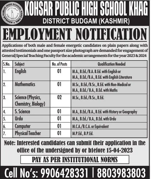 Kohsar public school budgam recruitment 2023 | apply for various teaching posts 2023