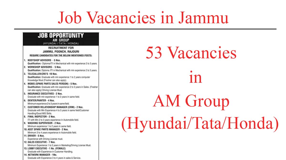 53 posts | job vacancies in am group hyundaitatahonda jammu 2023