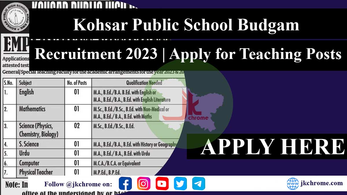 Kohsar public school budgam recruitment 2023 | apply for various teaching posts 2023