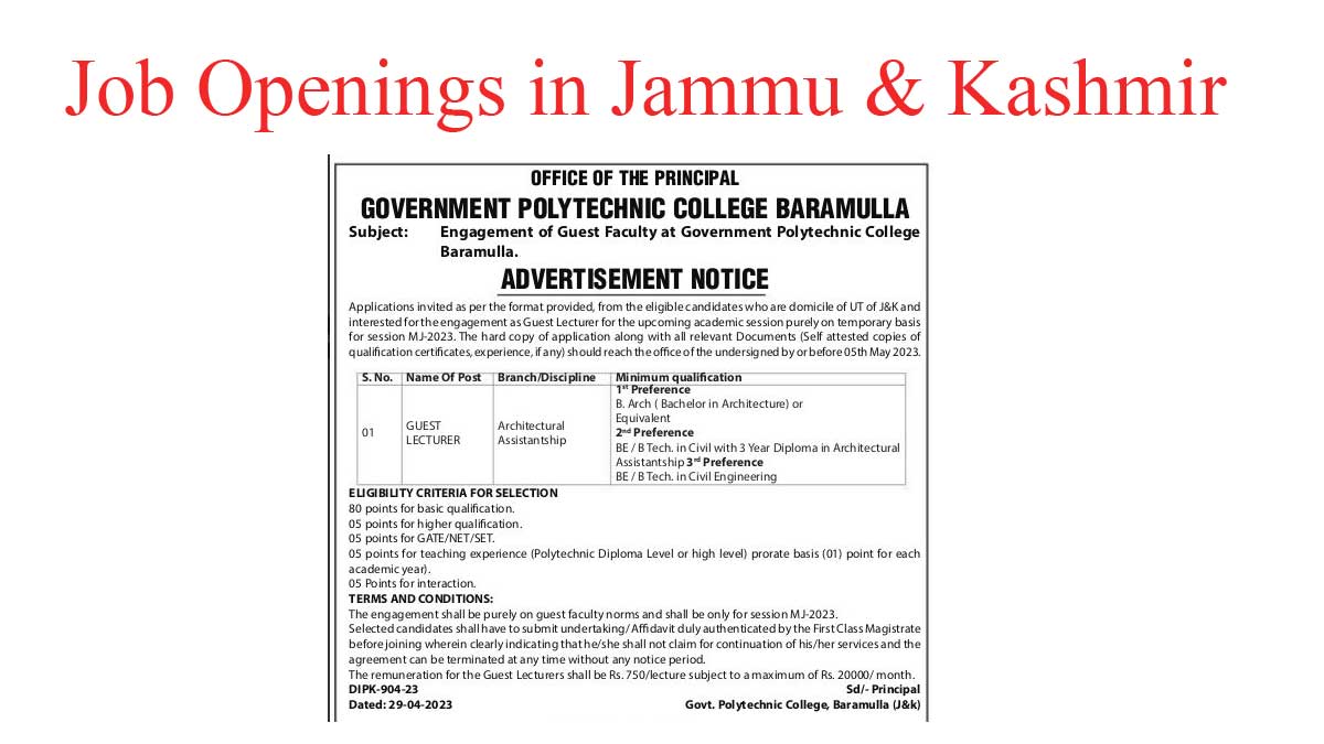 Govt polytechnic college baramulla guest faculty recruitment 2023 2023