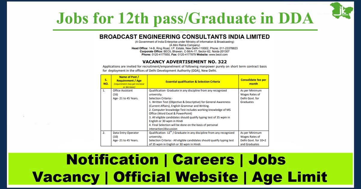 Jobs for 12th/Graduate in DDA | 26 Vacancies