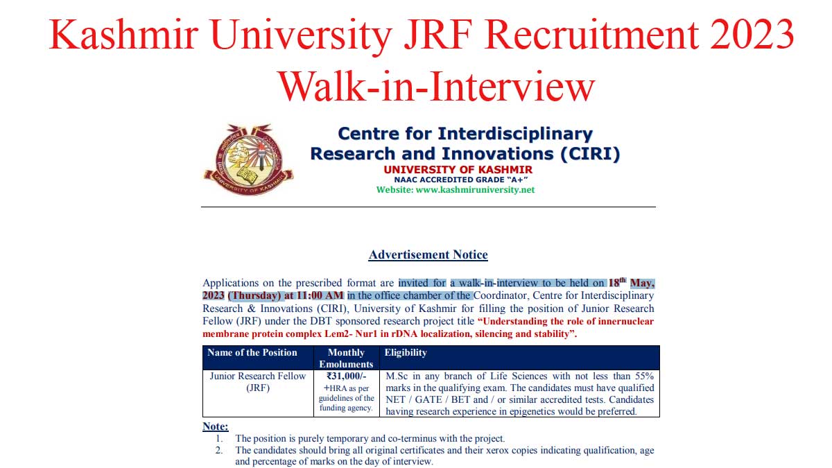 Kashmir university jrf recruitment 2023 | walk in interview 2023