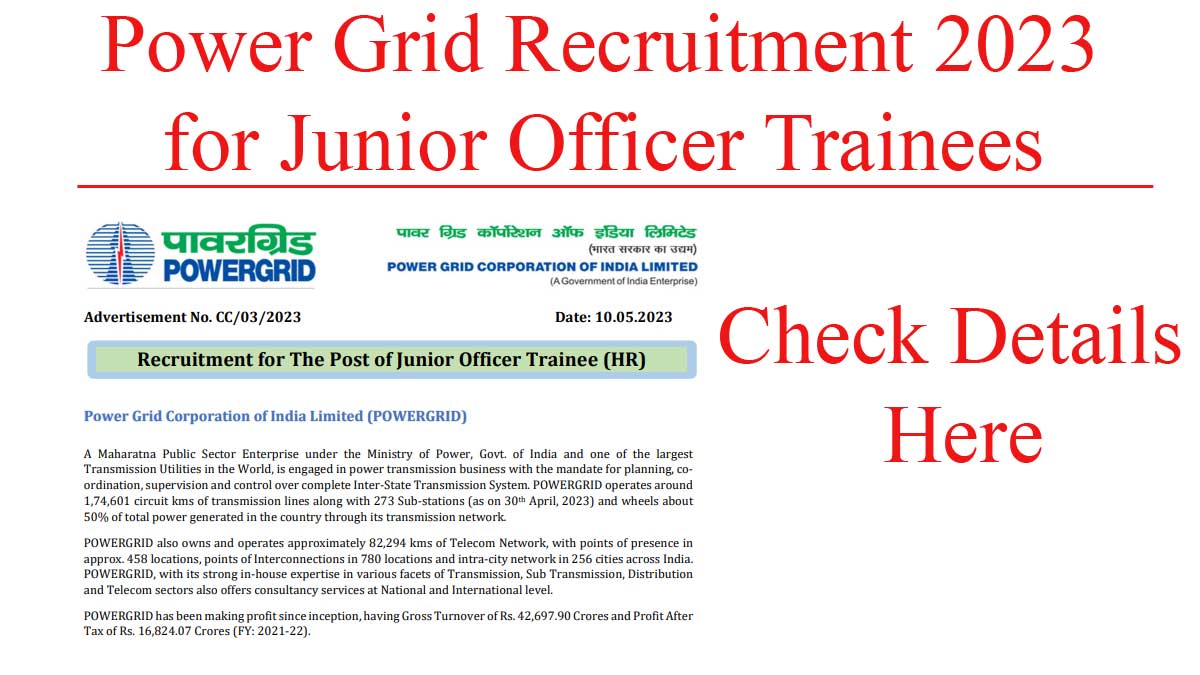 48 posts | power grid recruitment 2023 for junior officer trainees 2023