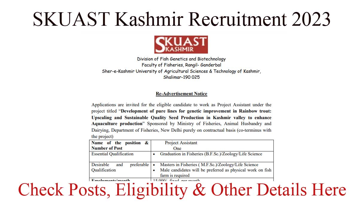 Skuast kashmir recruitment 2023 for project assistant post 2023