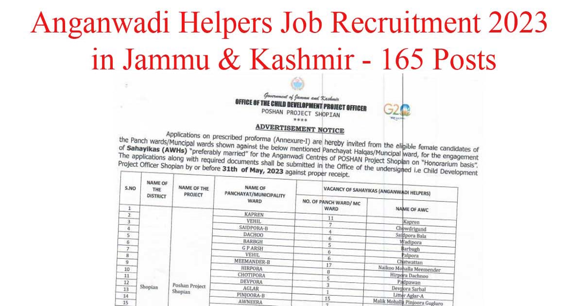165 posts | anganwadi helpers jobs 2023 in jk | apply now 2023