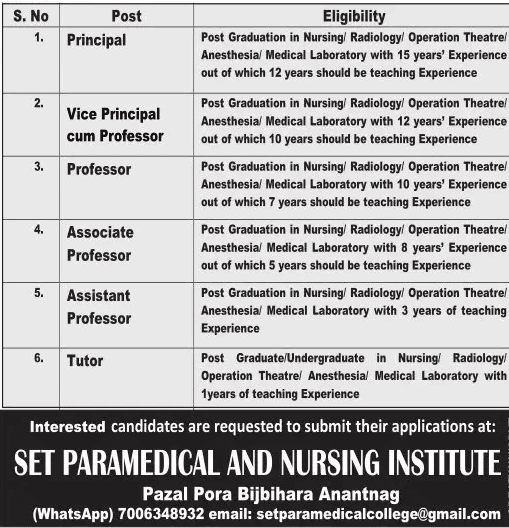 Jobs in Set Paramedical and Nursing Institute Anantnag