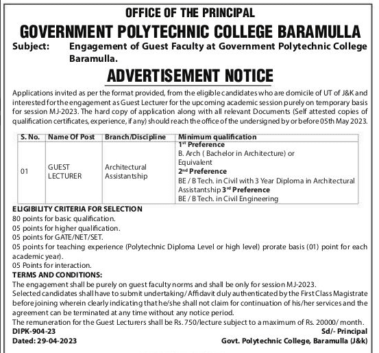 Govt polytechnic college baramulla guest faculty recruitment 2023 2023
