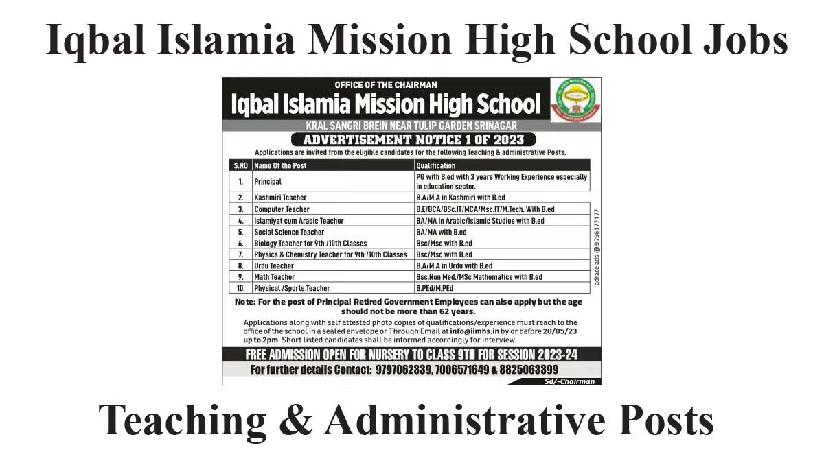 Iqbal Islamia Mission High School Jobs Recruitment 2023