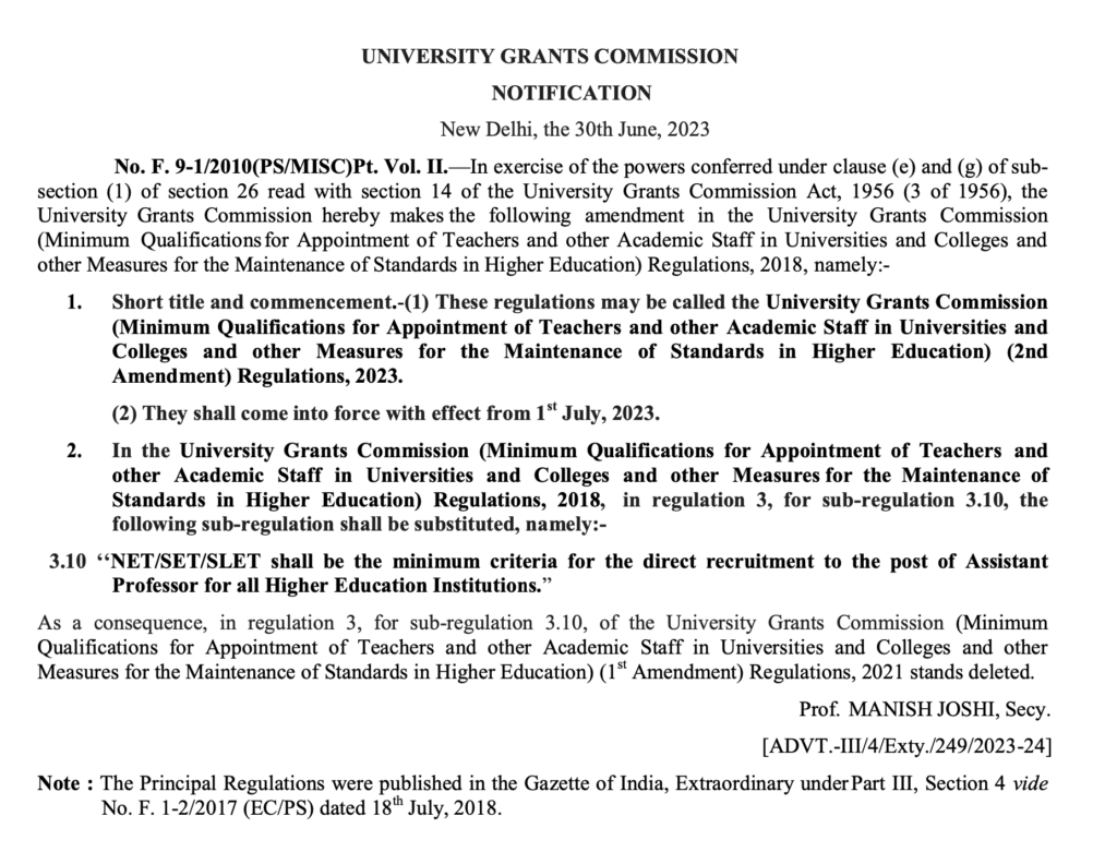 UGC Assistant Professor Eligibility Criteria 2023 NEW: PhD Not Mandatory, NET/SET/SLET Minimum Qualification