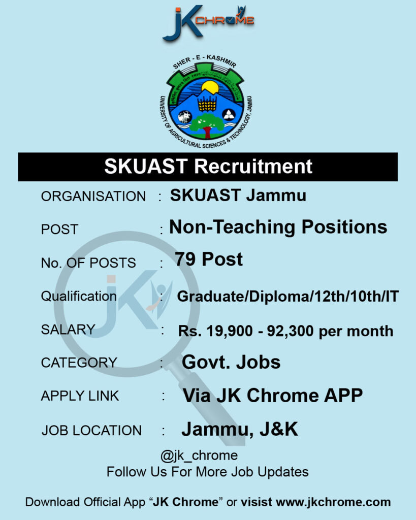 SKUAST Jammu Non-Teaching Recruitment, Apply Online for 79 Posts