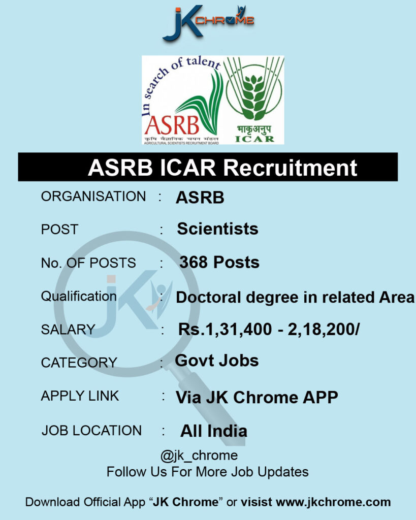 ASRB ICAR Scientists Recruitment 2023, Apply Online for 368 Vacancies