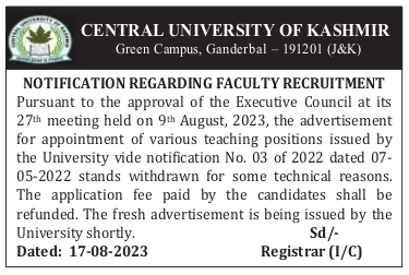 Central University Kashmir Faculty Recruitment, Important Notice