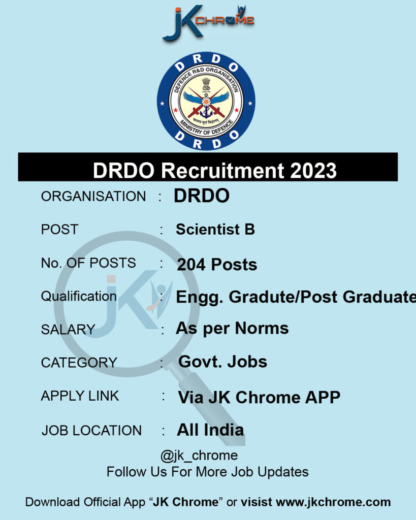 DRDO Recruitment 2023, Apply for 204 Scientist B Posts