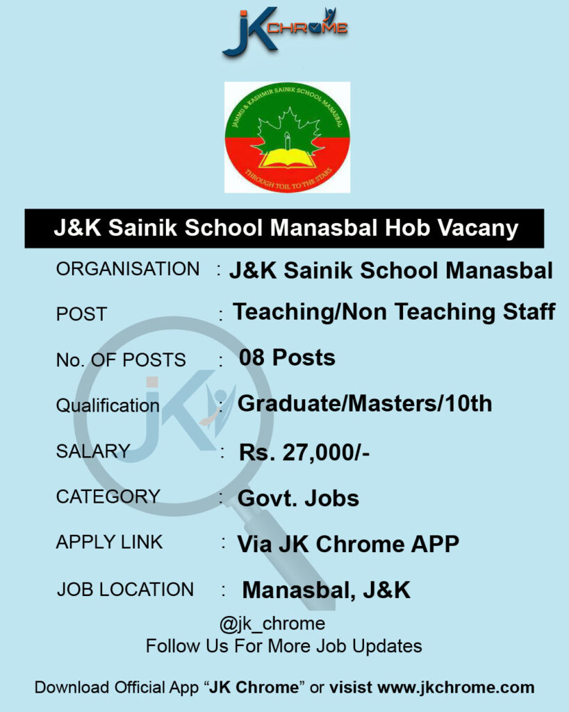 J&K Sainik School Manasbal Recruitment 2023 for Teaching/Non-teaching Staff