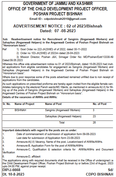 Anganwadi Recruitment 2023 in Jammu