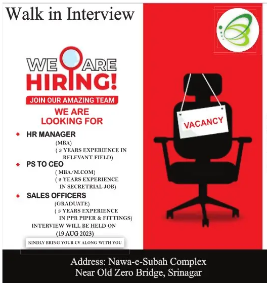 Jobs in Srinagar, Walk-in-Interview on Aug 19