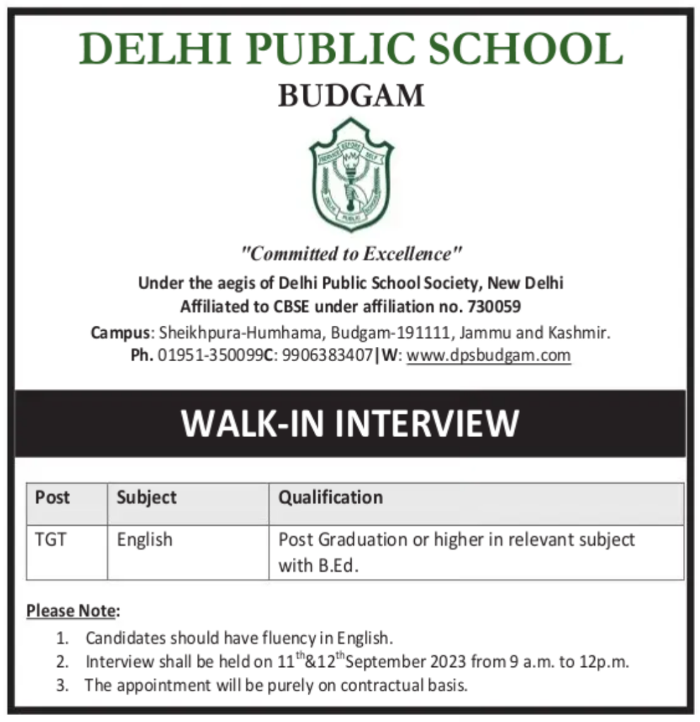 Delhi Public School Budgam Teaching Staff Vacancy