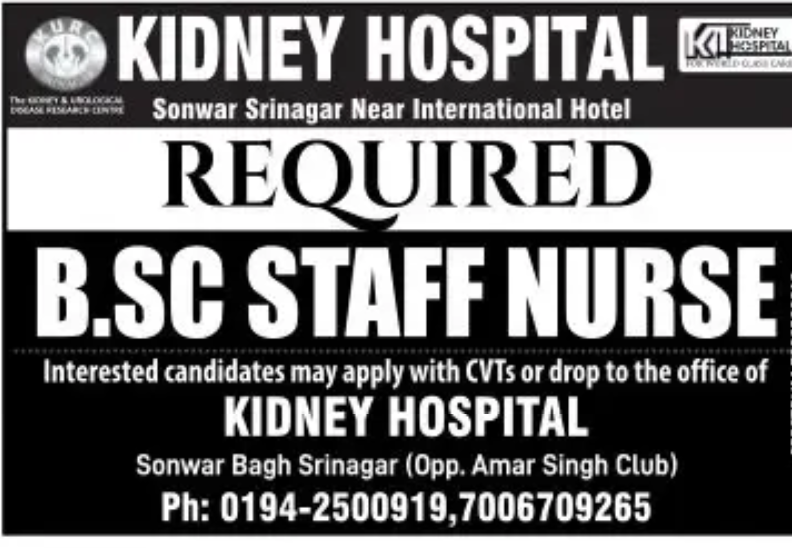 Staff Nurse Vacancy in Kidney Hospital Sonwar