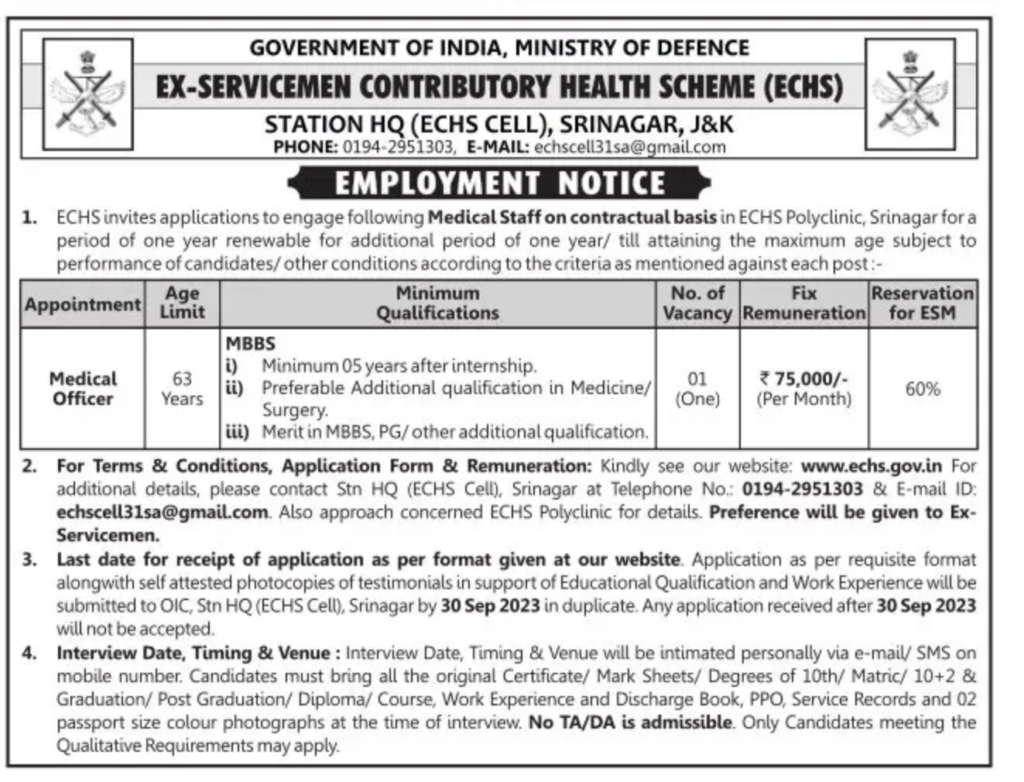 ECHS Srinagar Vacancy Recruitment 2023