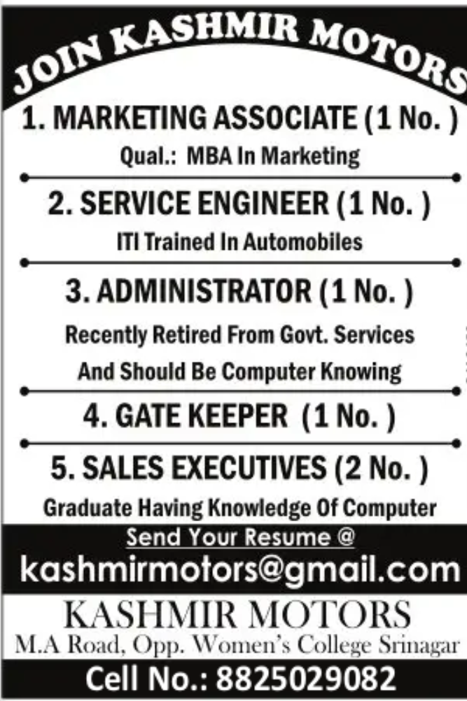 Kashmir Motors Job Vacancy 2023, Email your resume