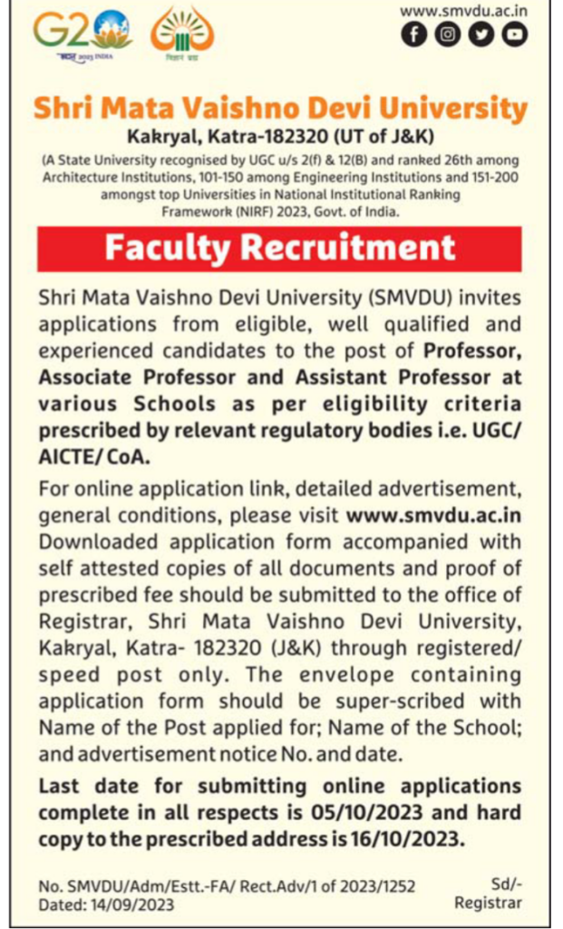 Shri Mata Vaishno Devi University Faculty Recruitment 2023