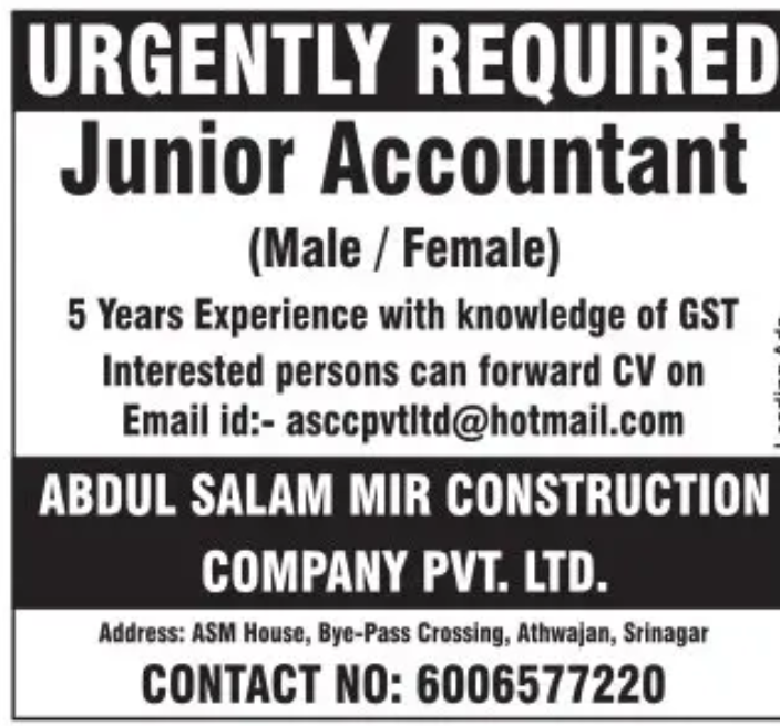 ASMCC Pvt. Ltd. Athwajan Srinagar Job Vacancies