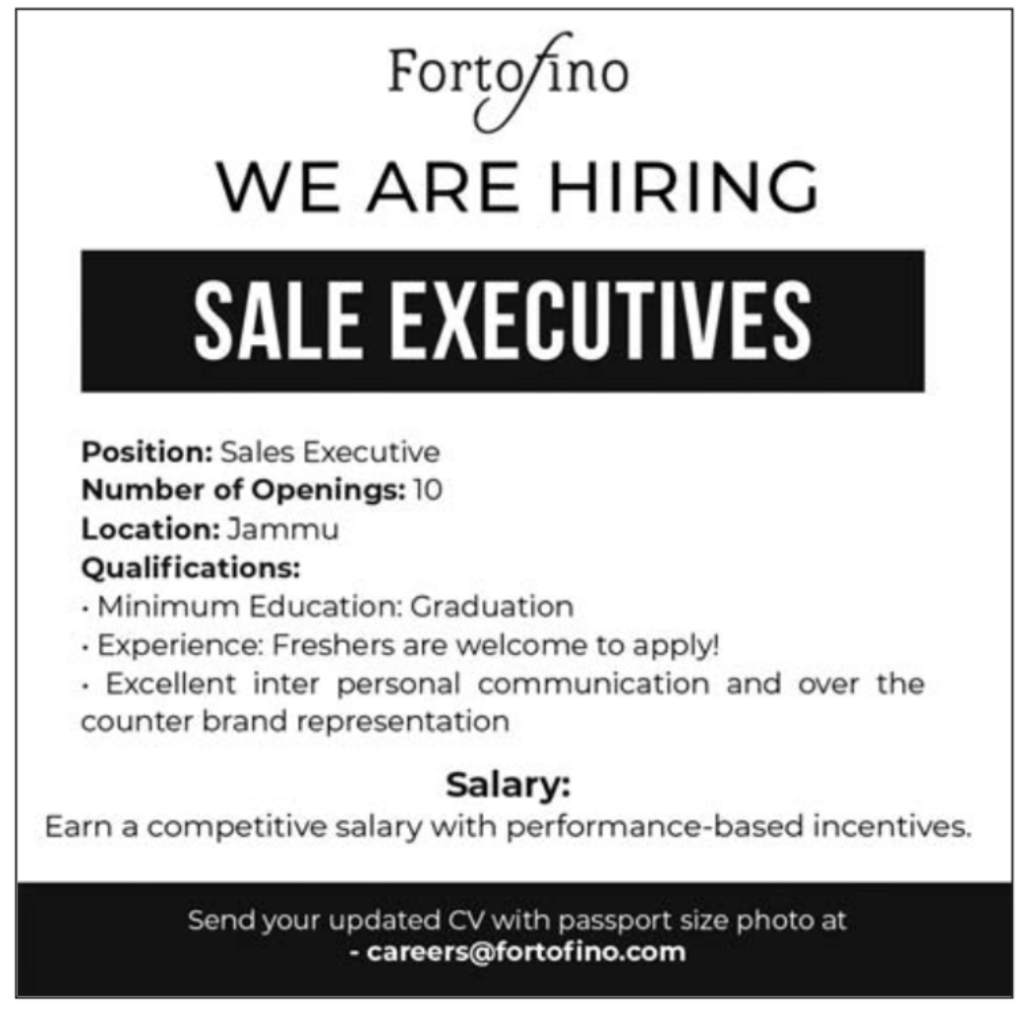 Sales Executives Job Vacancy in Fortofino Jammu 