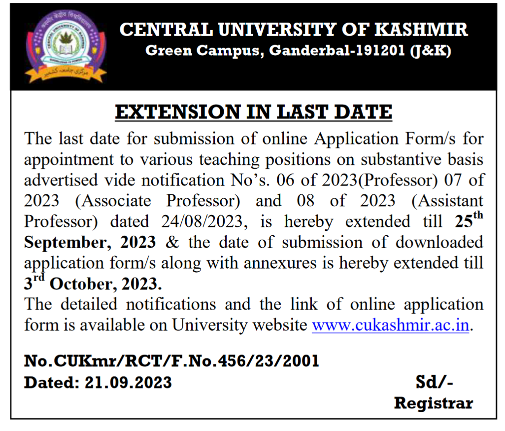 Central University Kashmir Teaching Staff Recruitment 2023, 89 Posts, Last Date Extended