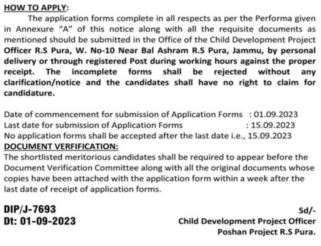 Anganwadi Job vacancies 2023 in RS Pura Jammu