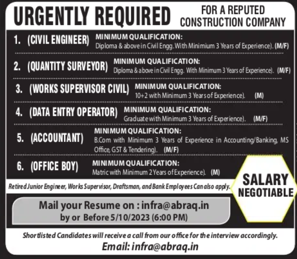 Abraq Construction Company Srinagar Job Vacancy