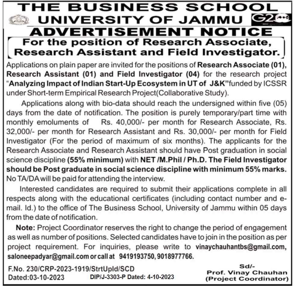 Jammu University Research Posts Vacancy, Salary upto 40,000 per month