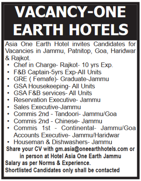 Asia One Earth Hotel Jammu Job Vacancy