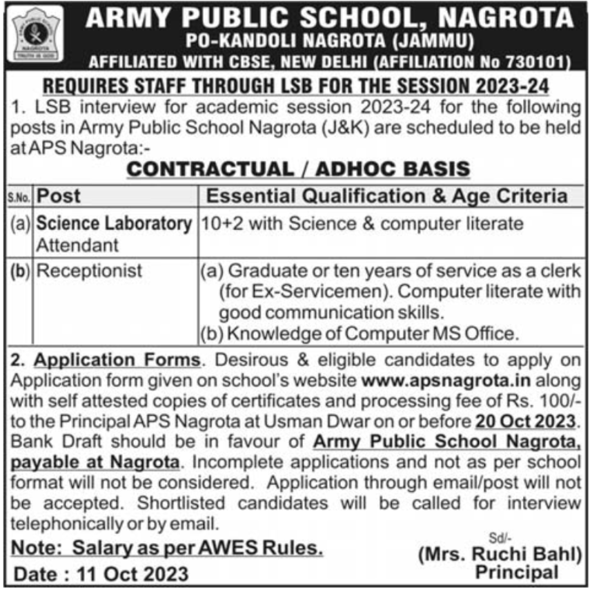 Army Public School Nagrota Recruitment 2023, Non Teaching Posts