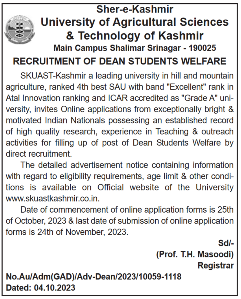 SKUAST Kashmir Dean Recruitment 2023, Check Eligibility