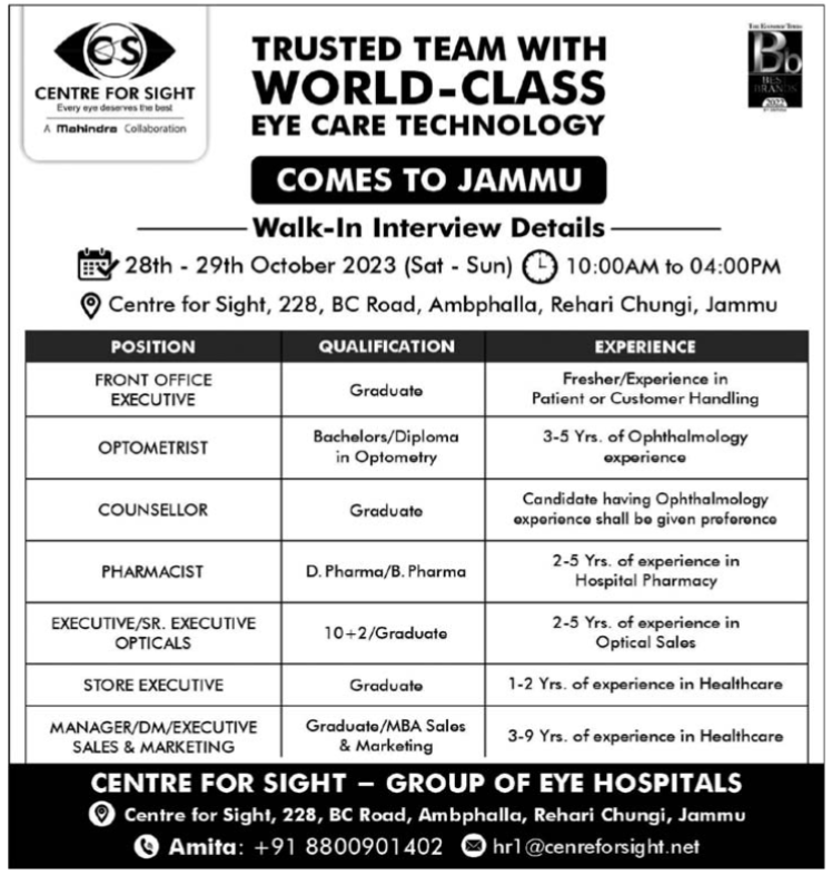 Job Vacancy in Centre for Sight Jammu, Walk-in-Interview