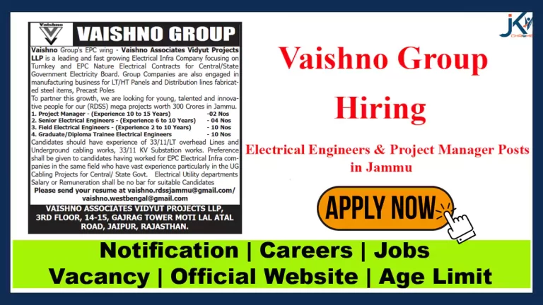 26 Posts, Vaishno Group Hiring Electrical Engineers & Project Manager Posts in Jammu