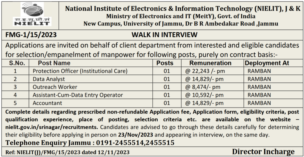 NIELIT Srinagar Vacancy Recruitment 2023