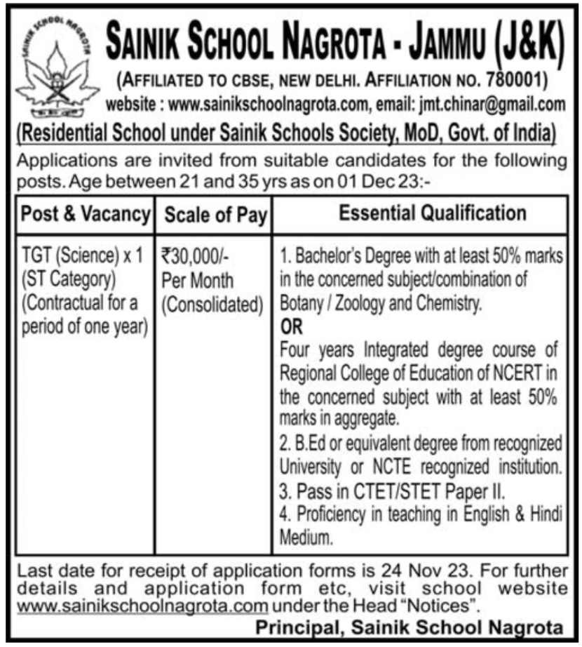 Sainik School Nagrota Teacher Vacancy, Salary 30,000, Check Details