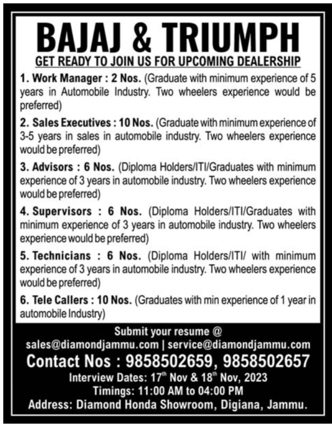 Diamond Honda Jammu Job Vacancy, 40 Posts