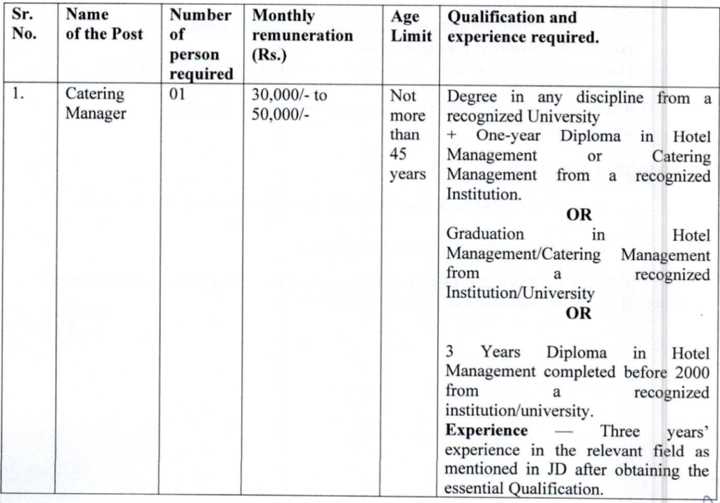 SAI Catering Manager Recruitment Qualification
